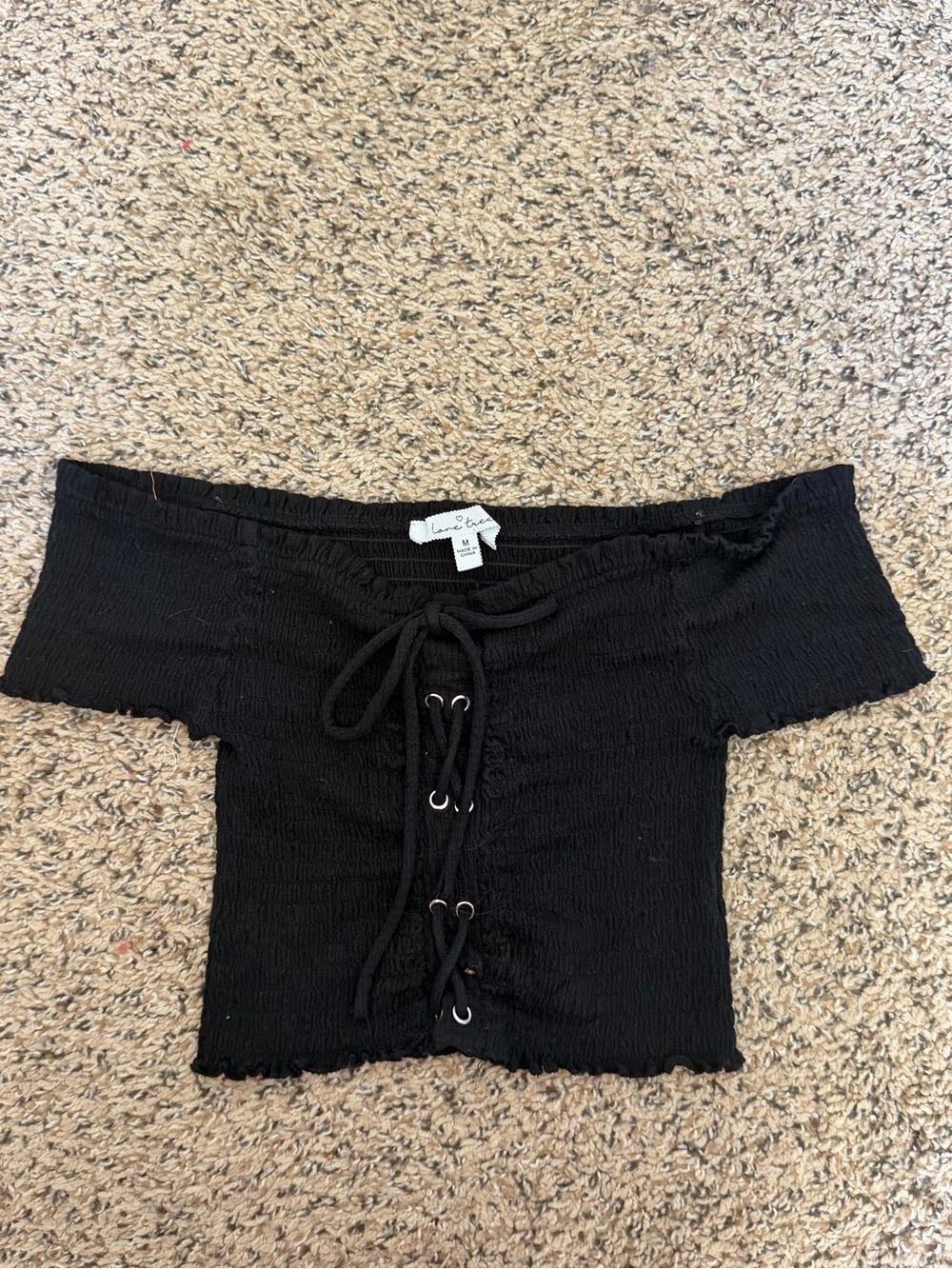 Love Tree Black Off-The-Shoulder Lace-Up Crop Top